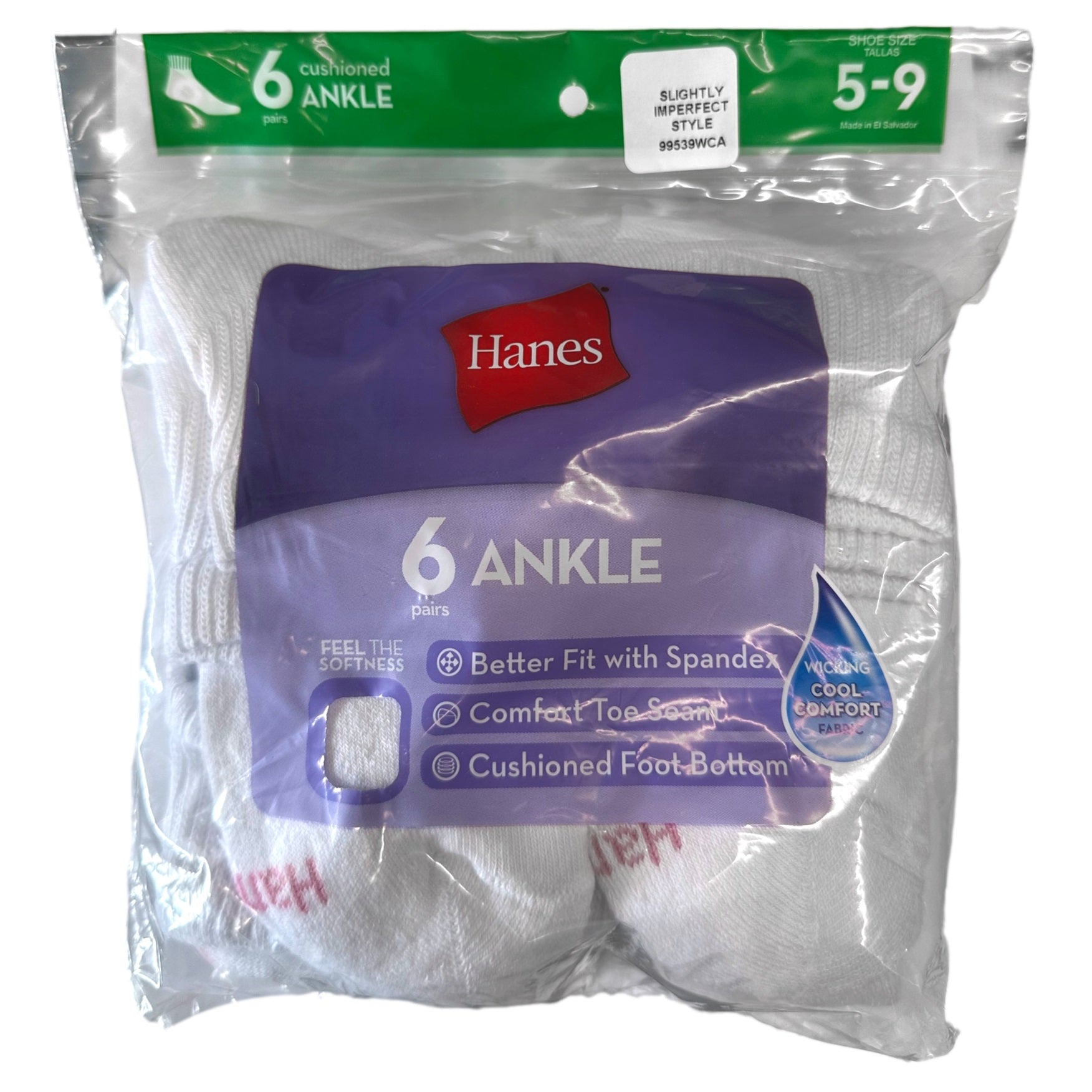 A sealed package of six pairs of white Hanes ankle socks.